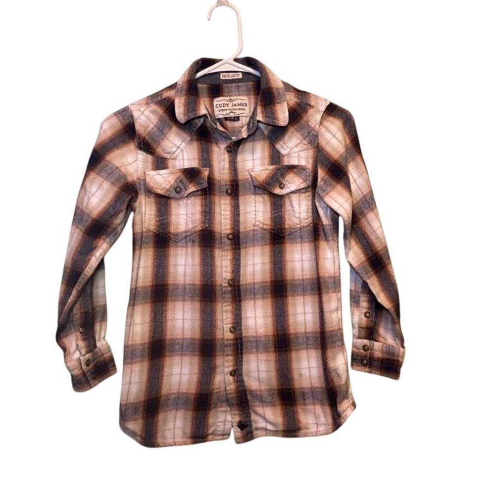Cody James Boys Brown Tan Plaid Flannel Button Up Long Sleeve Western Shirt